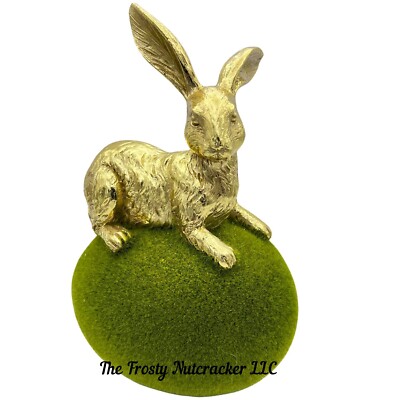 Easter Gold Bunny on Flocked egg Figurine Shelf Sitter Decor 2024 Farmhouse E10