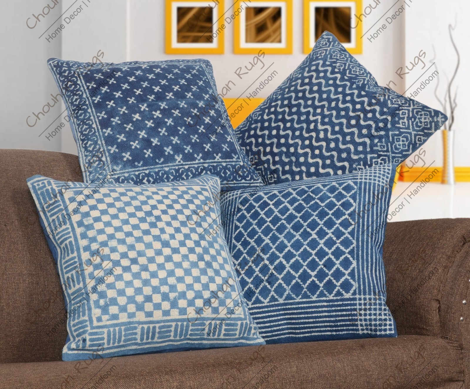 Set of 4 Handwoven Indian Block Print Cotton 45x45cm Throw Pillows