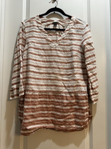 Eddie Bauer Pullover Linen Top Coral/white Stripe VNeck 3/4 Sleeve Rounded Hem M - Picture 4 of 6