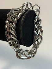 Chain Bracelet Silver Tone Chunky Flat Links Unisex 7 inch