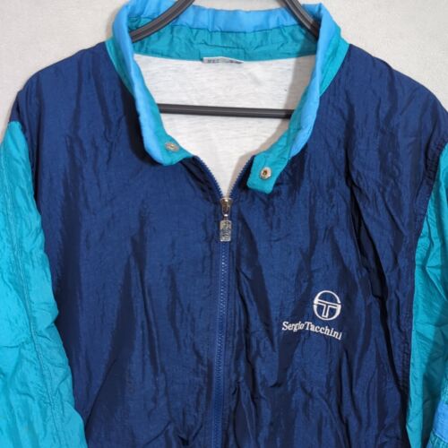 Vintage Sergio Tacchini Track Jacket Bomber XL US44 EU54 Blue Nylon Shiny Mens - Picture 3 of 16