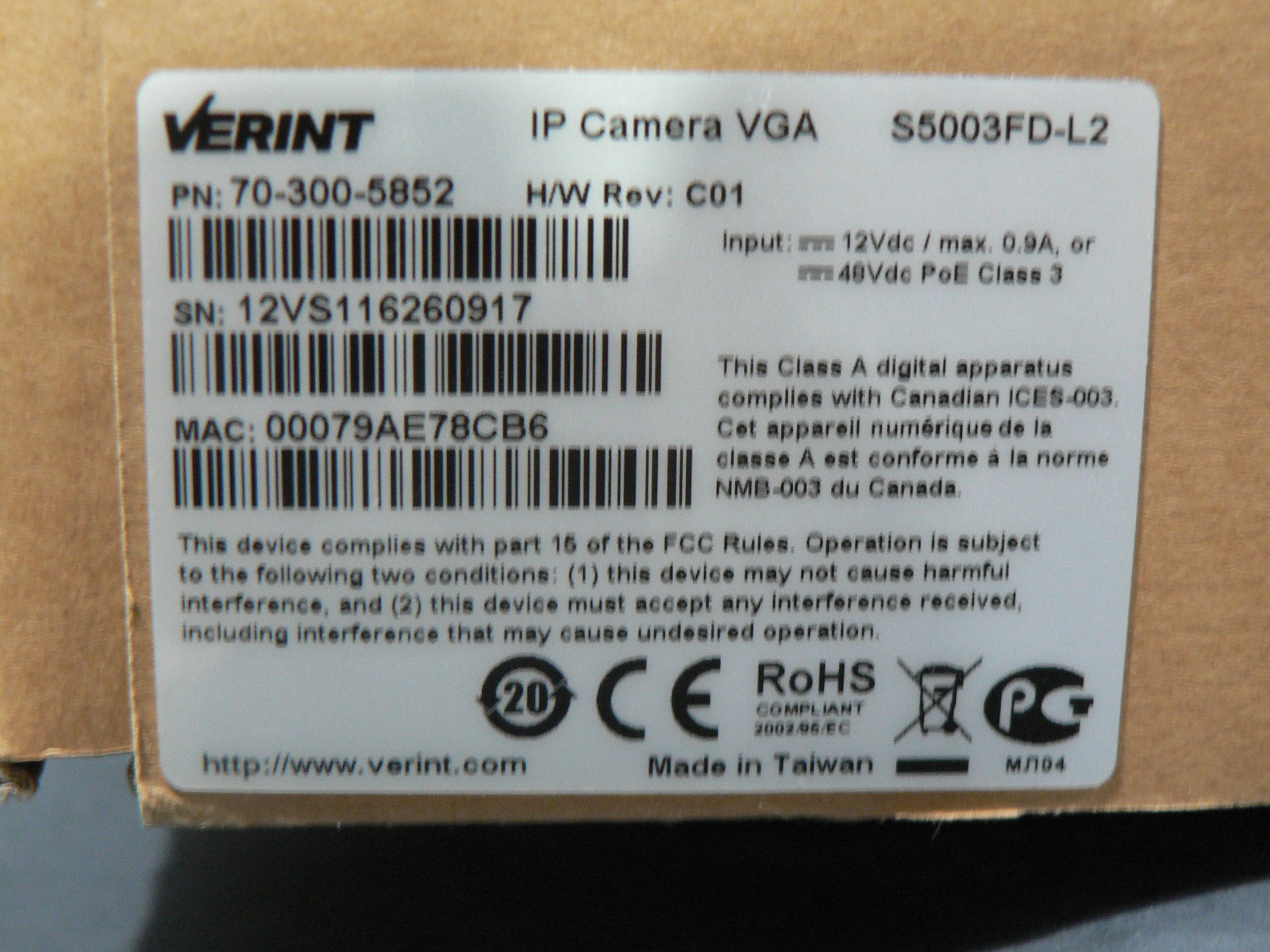 VERINT 5003FDL2 P/N 703005852 VGA IP DOMED SECURITY CAMERA "FREE US