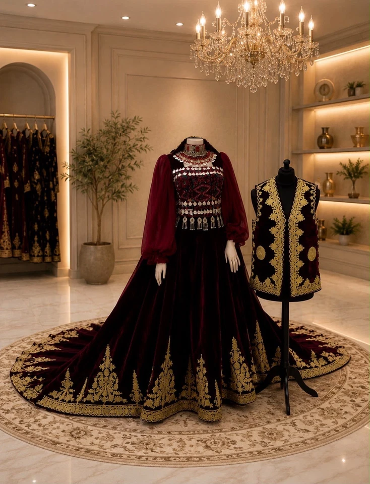 Damen Lengha/Lehenga-Set burgunderrot mit goldener Stickerei, Schleppe - Bild 2 von 4
