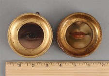 2 Antique Victorian Miniature Oil Paintings, Lovers Eye & Mouth, Gilt Frames NR