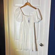 Zesica White Puff Sleeve Smocked Tiered Mini Dress Square Neck Size S NWT