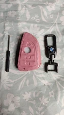 NEW Pink Leather Key Fob Cover BMW Series X Grey Metal Key Ring Chain Keychain