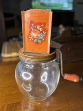 Vintage Hazel Atlas Nut/Spice Chopper Grinder Orang Tin Top w/ Handle Glass Jar