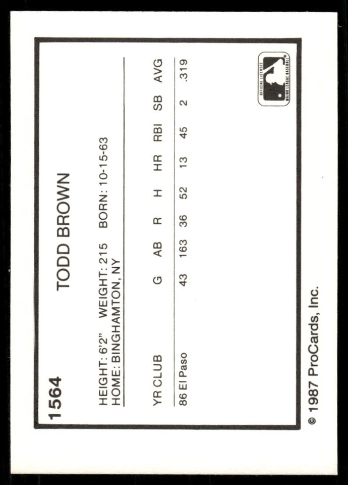 1987 ProCards El Paso Diablos TODD BROWN RC BREWERS INDIANS BINGHAMTON NY - Image 2 of 2