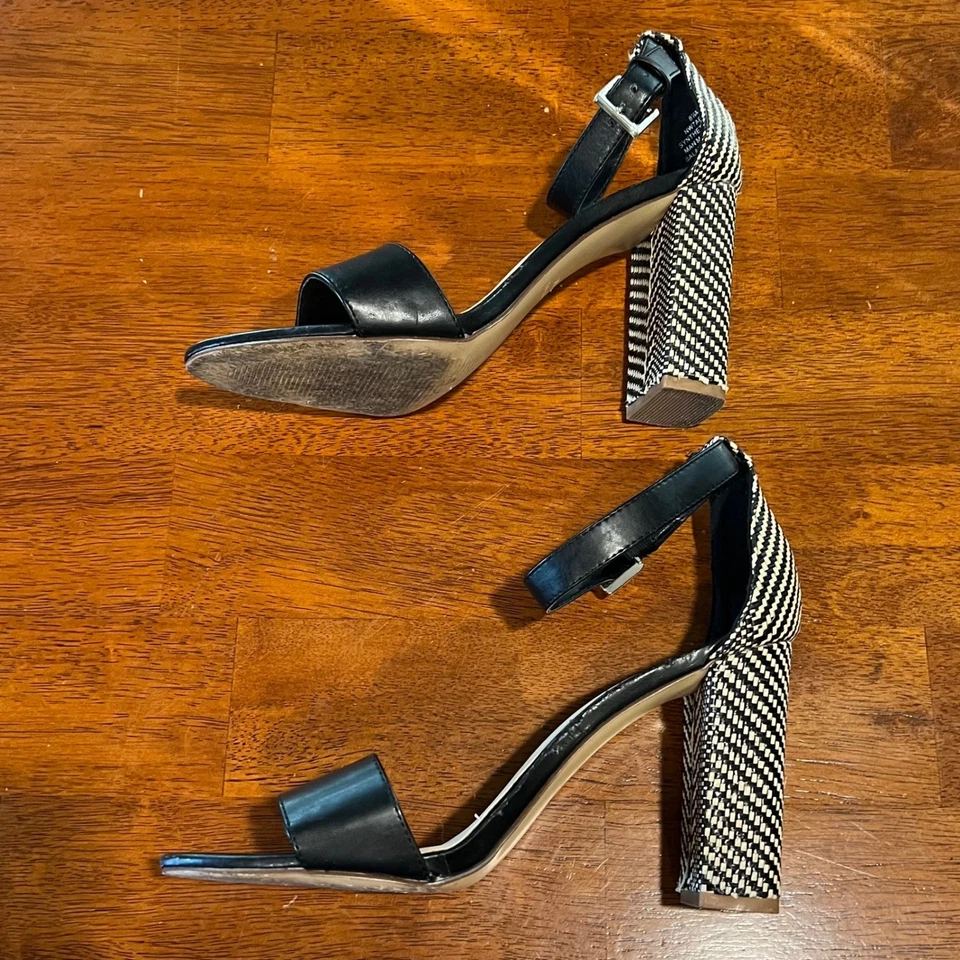 Sandalias para mujer Nine West negras blancas tejidas de tacón bloque con correa en el tobillo talla 8 1/2 M Foto 3 de 4