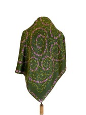 AS1 Vintage Silk Scarf Green Floral Swirl Pattern Pink Yellow Flowers Elegant