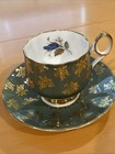 Elizabethan Fine Bone China Tea Cup & Saucer Dark Green Gold Trim Purple Rose — photo 2