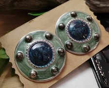 Attractive Sea Tones Blue/Green ENAMEL 1 " Round Studded Post Earrings