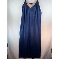 Vintage Navy Blue Satin Lace Trim Full Length Nightgown Spaghetti Strap Maxi L