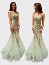 Size 0 Sage Green Beaded Mermaid Formal Prom Dress Gown NEW Never Worn