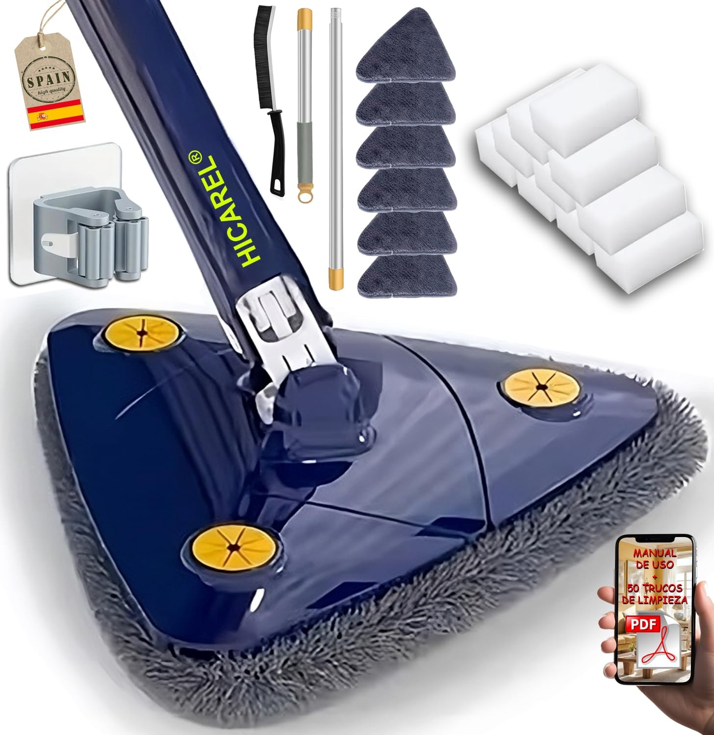 Serpillère triangulaire rotative 360 avec éponge auto-essorante pour lavage du sol
