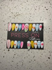 Press-On Nails Set Long Almond Multicolor Floral Shiny Pre-Designed Full Cover
