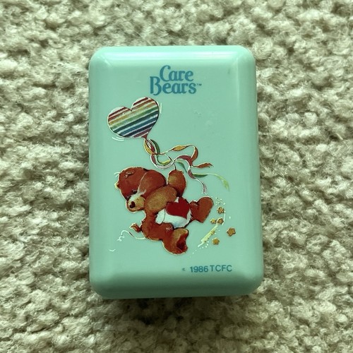 Vintage Care Bears Tenderheart Blue Plastic Trinket Box Case Rainbow 1986
