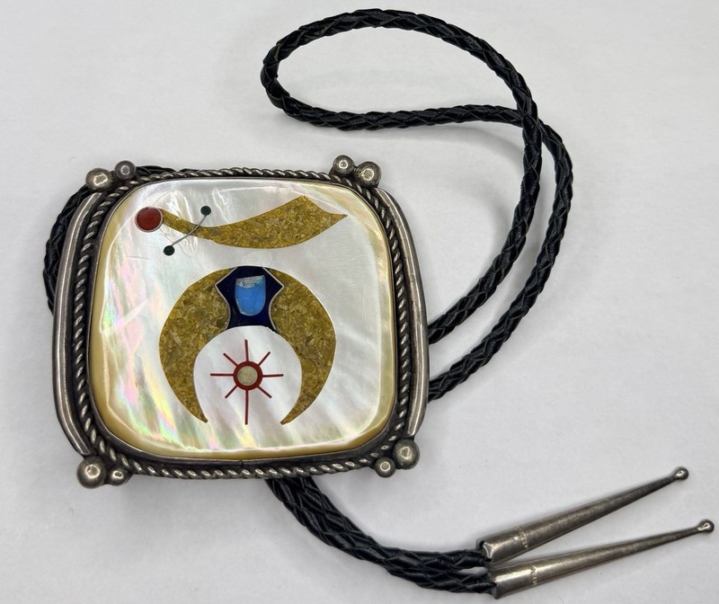 Vintage Zuni Handmade Sterling Silver Mosaic Multistone Inlay Bolo Tie Signed DE