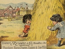 2 1885 Victorian Trade Card Russell & Co Horse Powered Engines Kids Playing 3x5