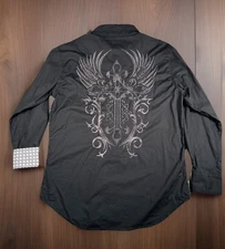 Victorious Black Winged Cross Button Shirt Men’s L Affliction Style Rhinestone