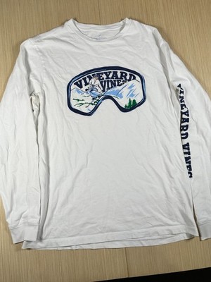 Vineyard Vines Shirt Mens Medium Gray Cotton Ski Goggles Spell Out Graphic Print