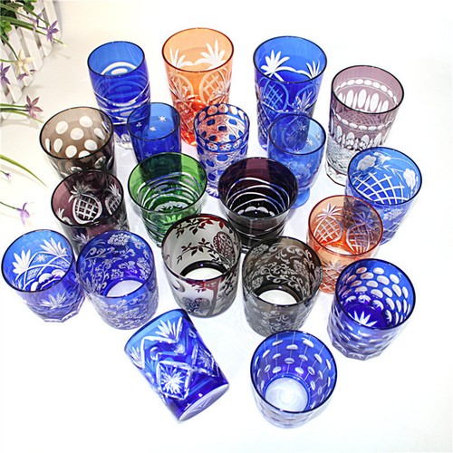 Japanese Edo Kiriko Crystal Whiskey Glasses Hand Cut To Blue 9oz Gift Packing - Picture 2 of 12