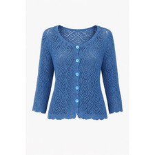 Emma James Blue Linen Cotton Pointelle Open Knit Button Front Cardigan Sweater L