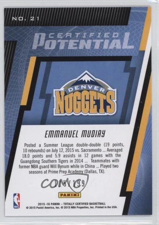 2015-16 Panini Totally Certified Potential /199 Emmanuel Mudiay #21 Rookie RC - Image 2 of 2