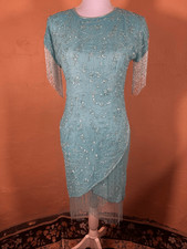 Vintage 1980s Aqua Blue Silk Beaded Sequin Cocktail Dress Bead Fringe Sleeves
