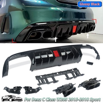Black Rear Diffuser+Exhaust Tips For Mercedes Benz W205 C200 C300 C63 2015-2018