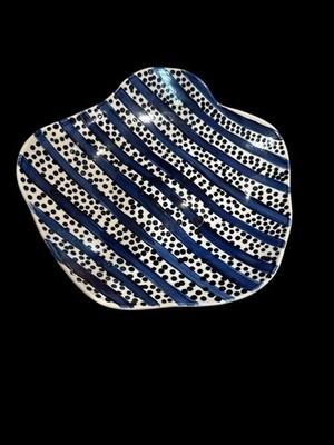 Polish Pottery Plate Ceramika Artystyczna Hand Painted Blue White Dots Stripes