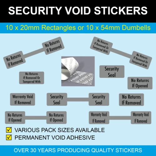 Tamper Proof / Evident Silver Security Void Seals - Permanent Stickers / Labels