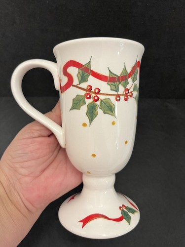 Sonoma Christmas Coffee Tea Latte Mug Holly Berries Red Ribbon Footed Pedestal - Picture 7 of 19