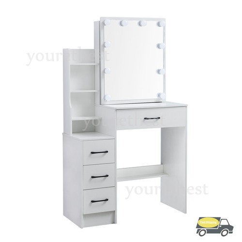 NEW Makeup Vanity Dressing Table With Sliding Lighted Mirror And Stool 7 Shelves - Picture 8 of 12