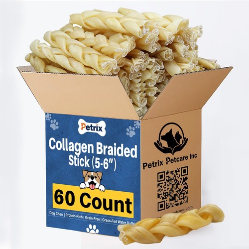Petcare Puffed Collagen Braided Sticks 5-6 Inch (60 Count) Bully Sticks for Dogs