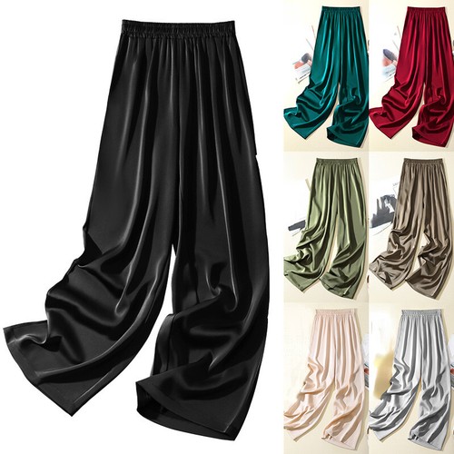 Women Satin Faux Silk Pants Trousers Shiny Wide Leg Straight Silky Bottoms - Picture 1 of 18