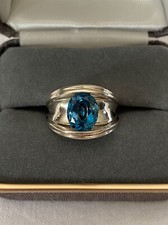 Vintage Sterling Silver Heavy Wide Band London Blue Topaz Oval Ring size 7.75