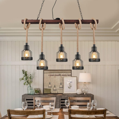 Industrial Pendant Light Wooden / Metal Chandelier Retro Ceiling 5 Light