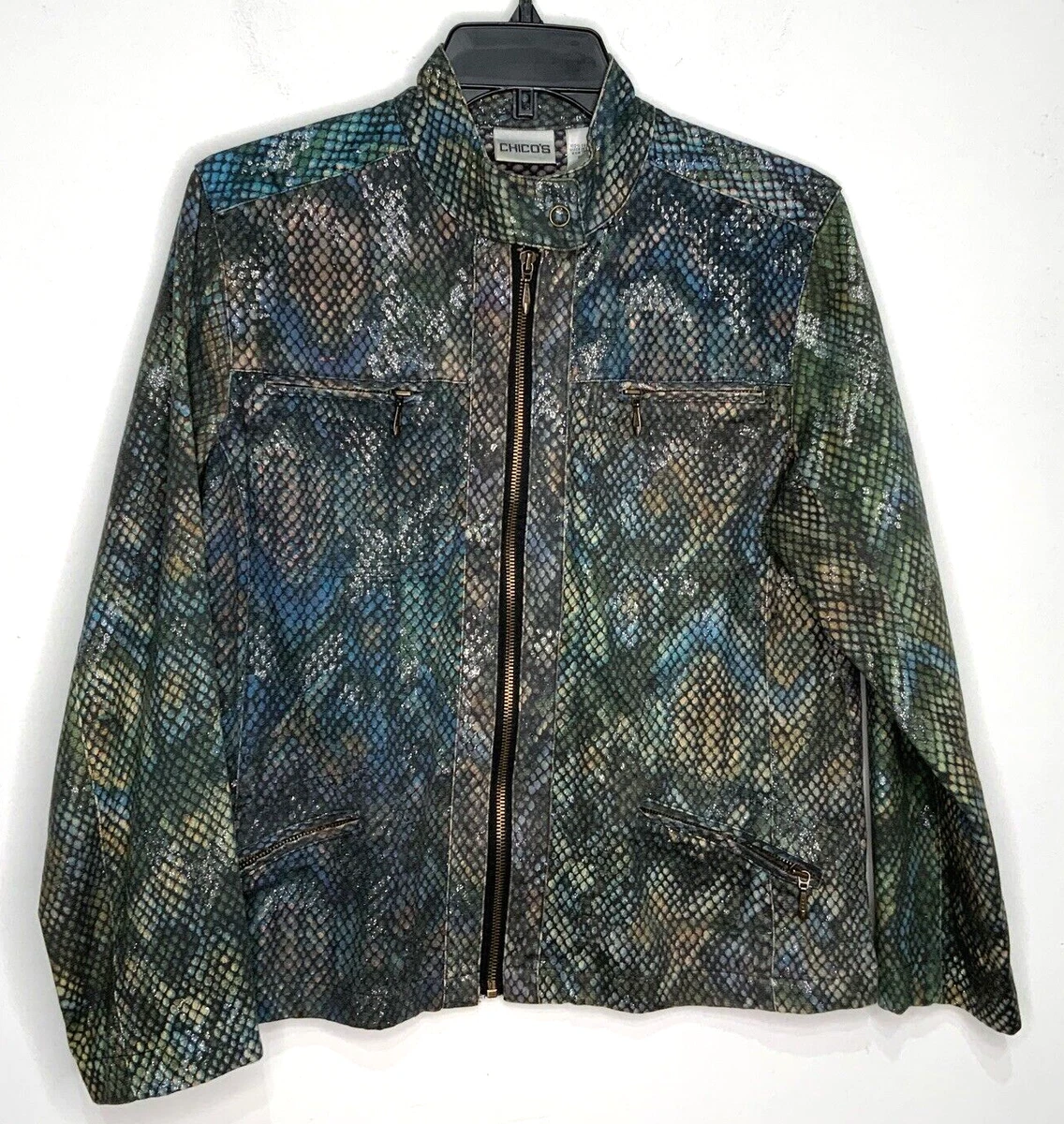 Chico s Women s Snakeskin Print Denim Jacket Green Blue Pink Size 1 M 8 10