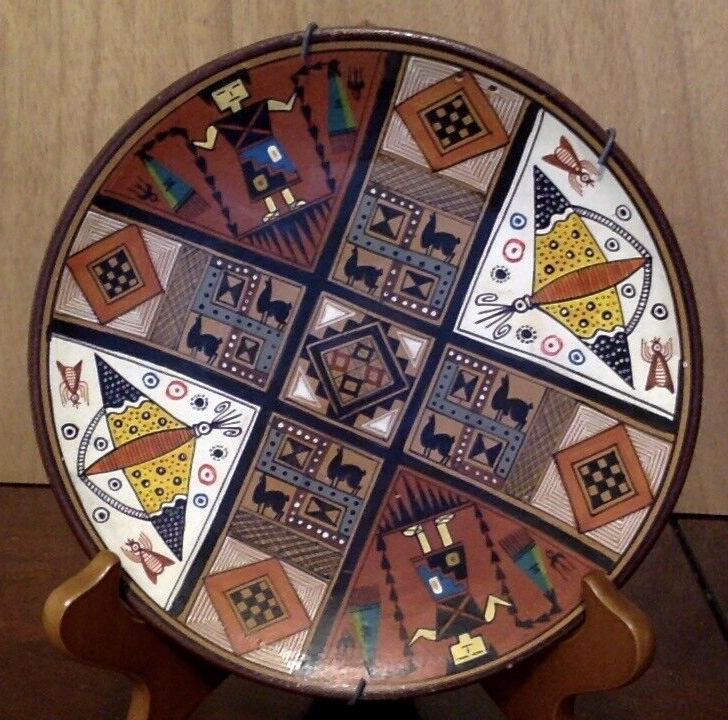 Peru Inca Terra Cotta Pottery Plate Hand Painted Folk Art / Mitad Del Mundo