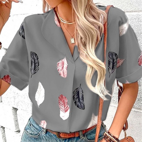 Women's Summer Casual V-Neck Feather Shirt Plus Size Short Sleeve Blouse Tops - Picture 31 of 42