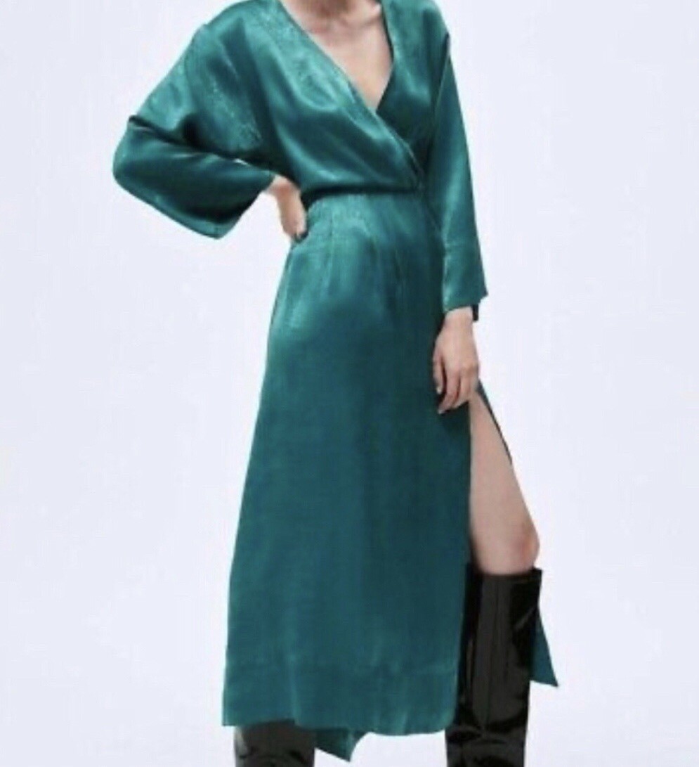 RARE NWT ZARA SS21 SATIN EFFECT MIDI DRESS Duck green 8990/608 thumbnail 2