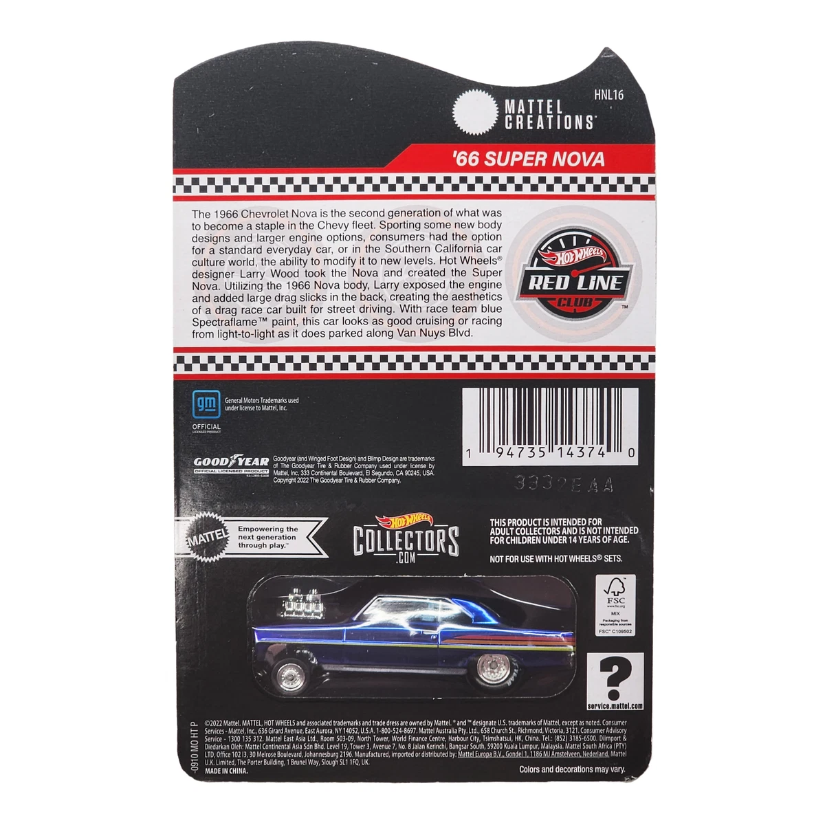HOT WHEELS '66 Chevy Super Nova Blue Car RLC Exclusive Red Line Club HNL16 2022