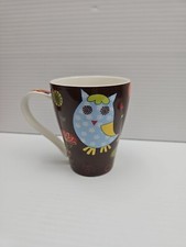 Owl Coffee Cup Mug Brown with Blue Owls Flowers Trees Burton  Burton 2011