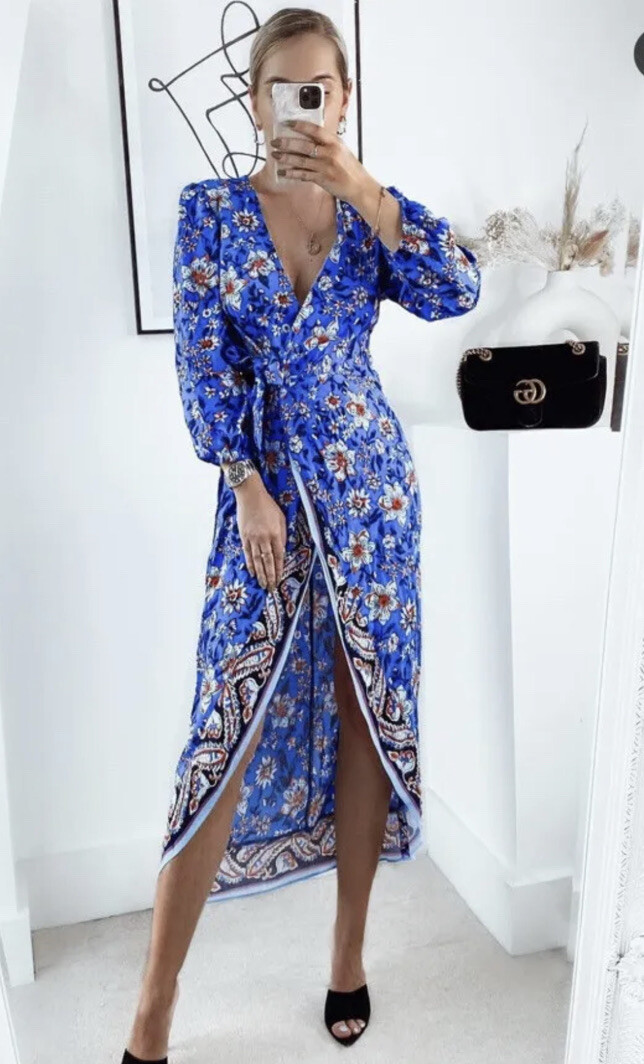 zara printed midi dress PRINTED MIDI DRESS WITH VENTS - Blue / White