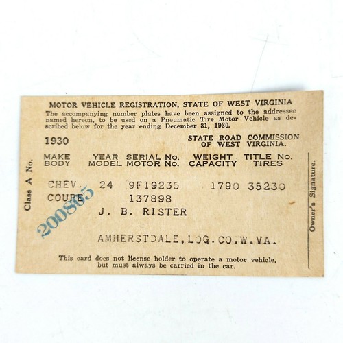 1930 West Virginia Motor Vehicle Registration Card | eBay