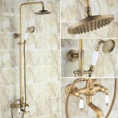 DLL Antique Brass Bathroom Shower Faucet Set 8-inch Rainfall Hand Spray Tub Tap
