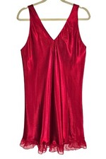 AMANDA STEWART Red Satin Nightgown Slip Dress Short Babydoll Ruffle Hem Large