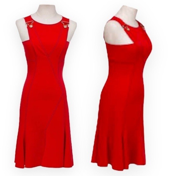 $2185 Versace Vtg. 00 Y2K Red Overall Dress Medusa Logo Hardware Small