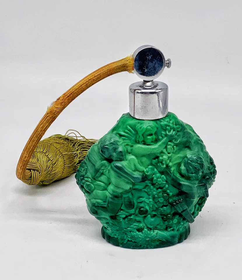 Antique Ingrid green Malachite perfume Atomizer with Cherubs Czech art glass - Image 2 of 4